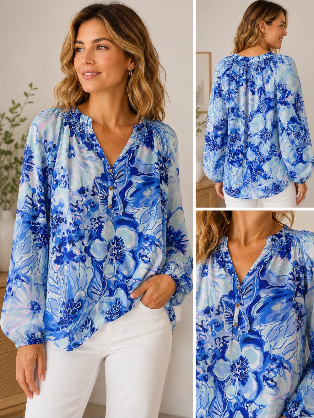 Lilly Pulitzer Elsa 100% Silk Blue Floral Blouse Gold Buttons Size L